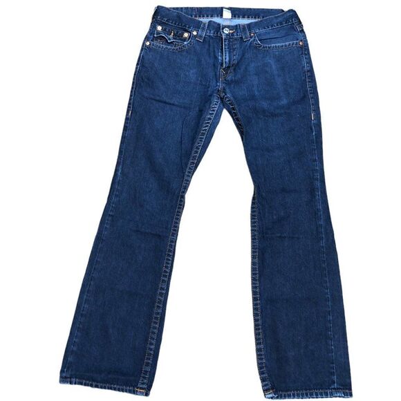 TRUE Religion Jeans Size 34 STRAIGHT ORANGE FLAP T Blue - Picture 4 of 8